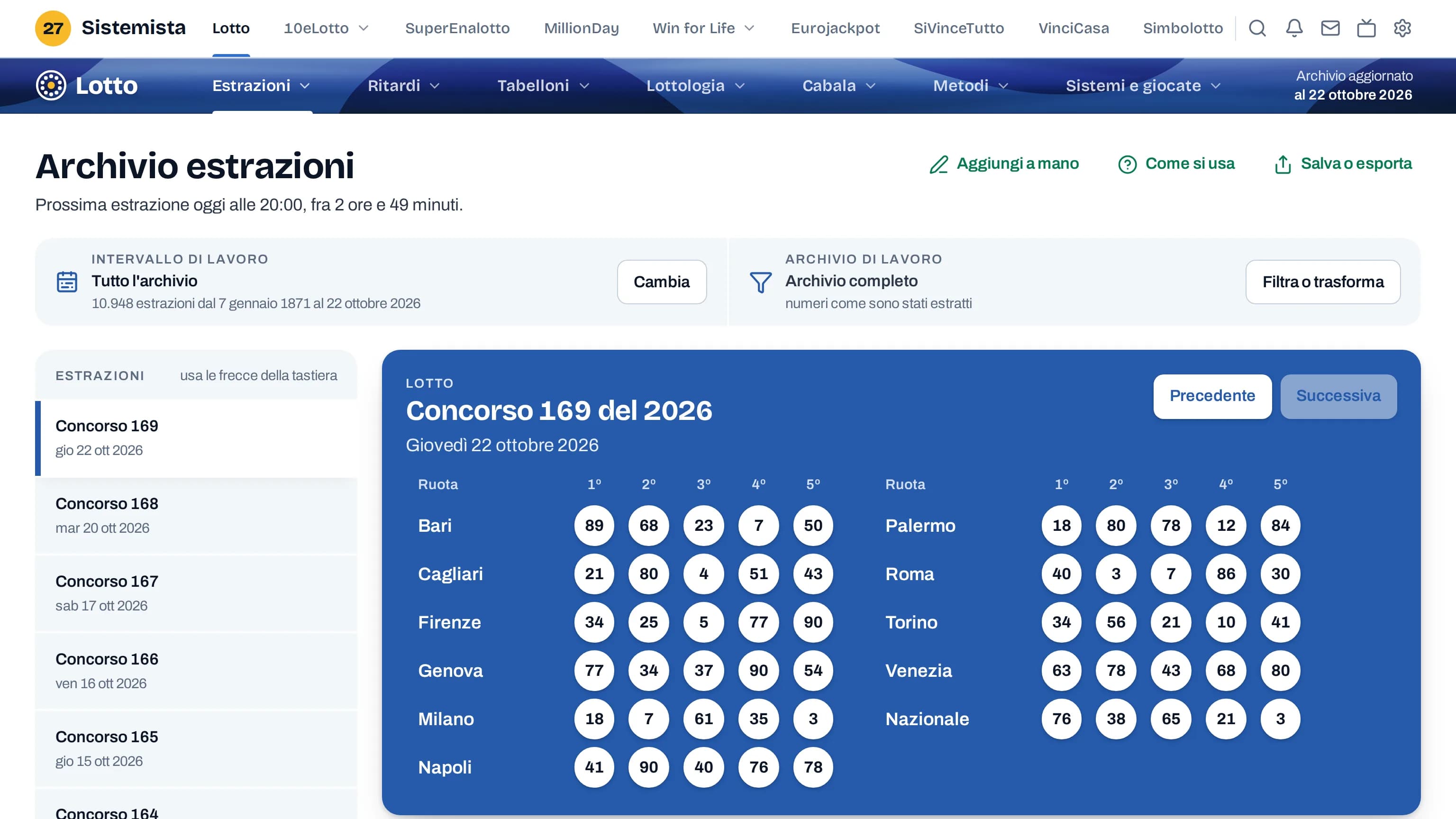 Sistemista: Archivio delle estrazioni del Lotto