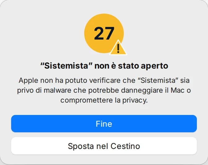 L'avviso del Mac: Sistemista non è stato aperto