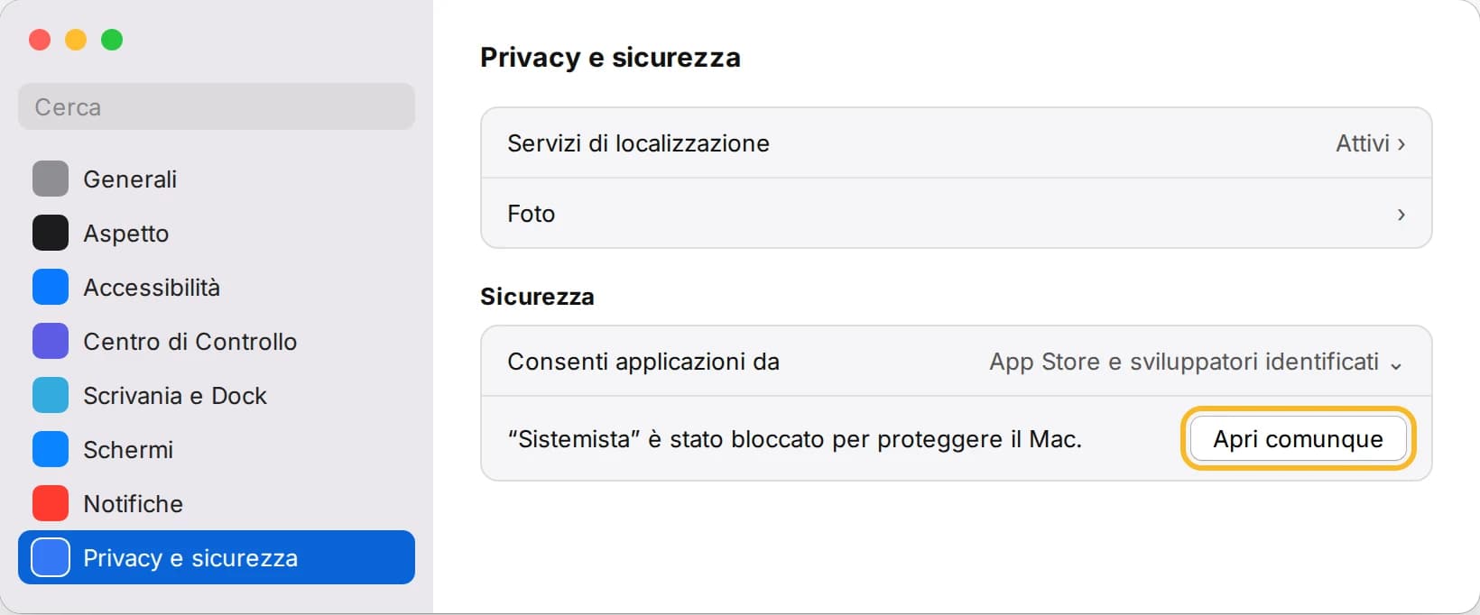 Impostazioni di Sistema, Privacy e sicurezza, con il pulsante Apri comunque