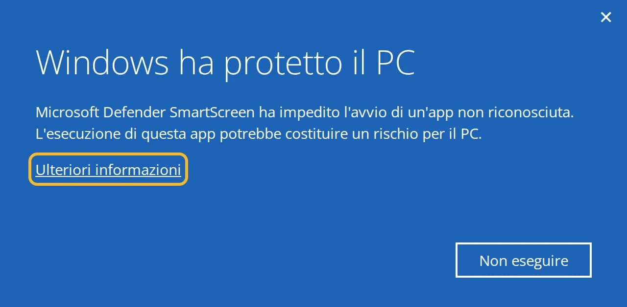 La finestra Windows ha protetto il PC, con il link Ulteriori informazioni