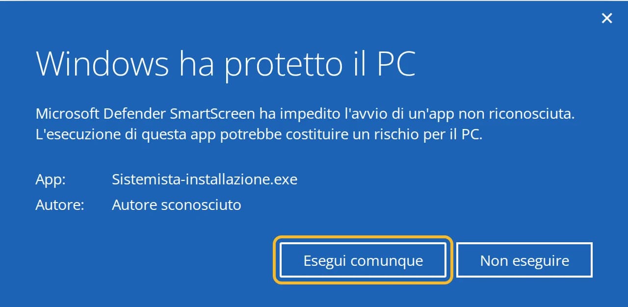 La stessa finestra con il pulsante Esegui comunque