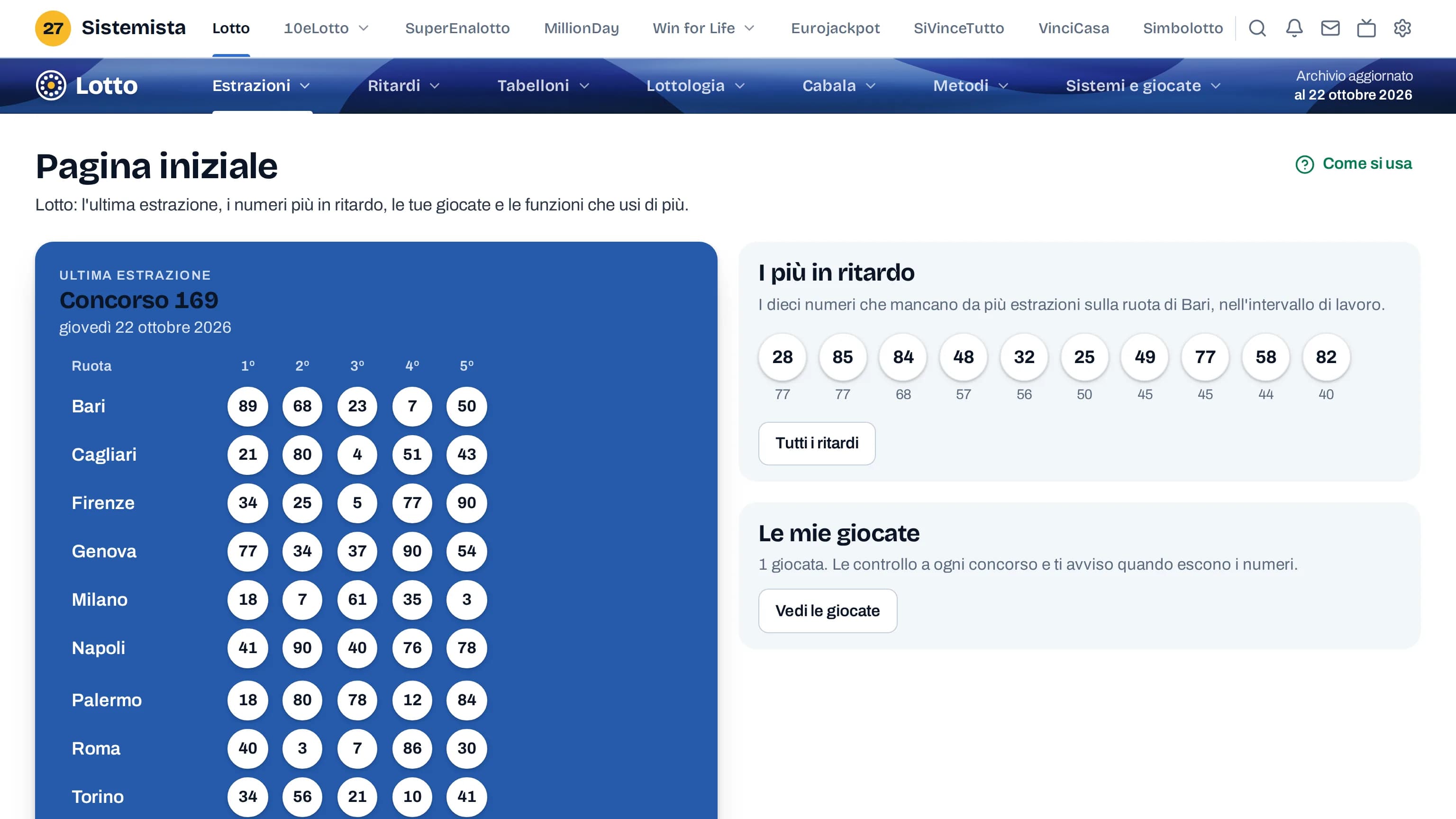 Sistemista: Pagina iniziale del Lotto